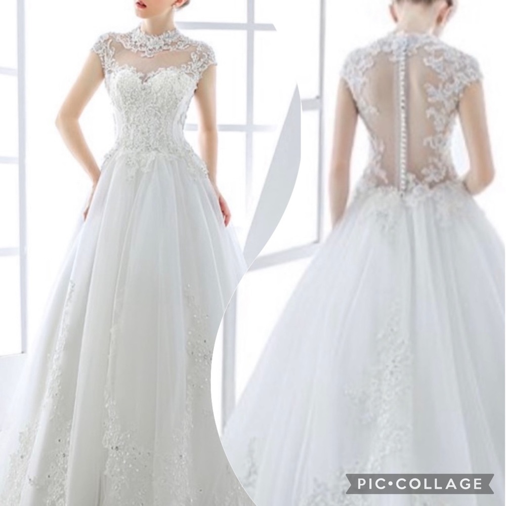 Cap sleeves illusion back wedding dress